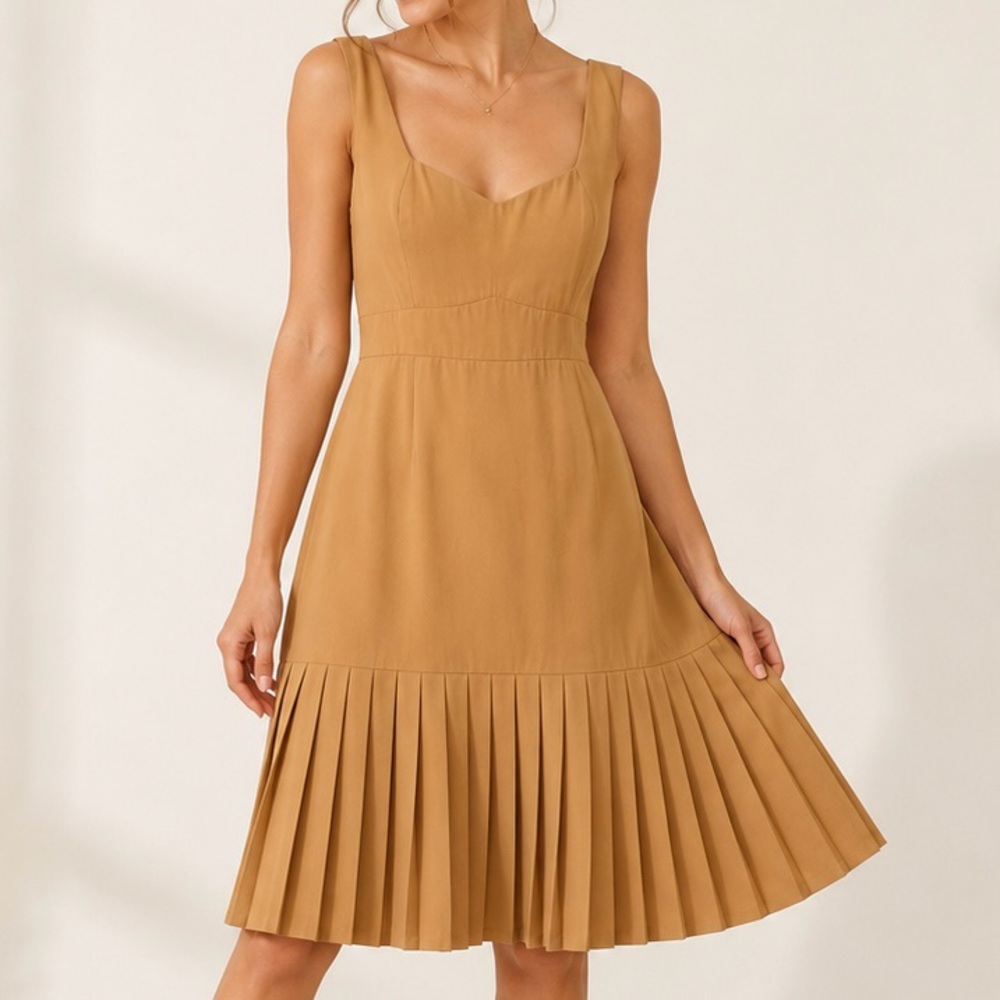 L'ATISTE BY AMY | Tan Pleated Sleeveless Drop Waist Dress Empire Waist | 2X
